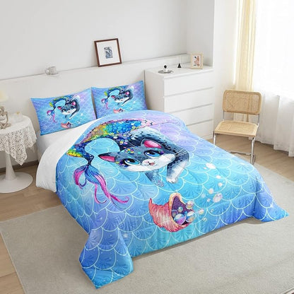 Rainbow Cartoon Cat Bed Sheet Set Colorful Mermaid Comforter Set for Kids Boys Girls Teens Room Decor Blue Mermaid Scales Bedding Set Set Ocean Gradient Style Bed Cover 2Pcs Twin Size - LeafyLoom