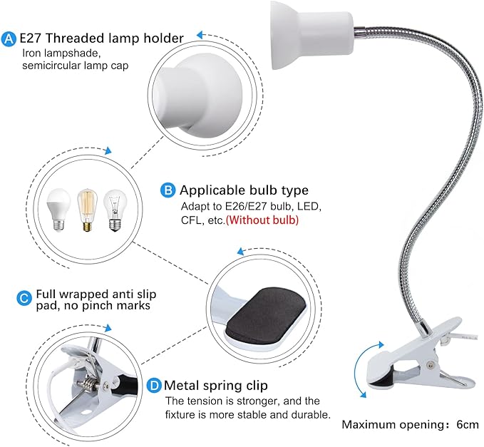 Flexible Clip Lamp Holder Clip Desk Lamp Holder Clamp Lamp Fixture with 40CM Swing Arm Clamp Clip on Light for Reading Bed Headboard Computer Home Office - LeafyLoom