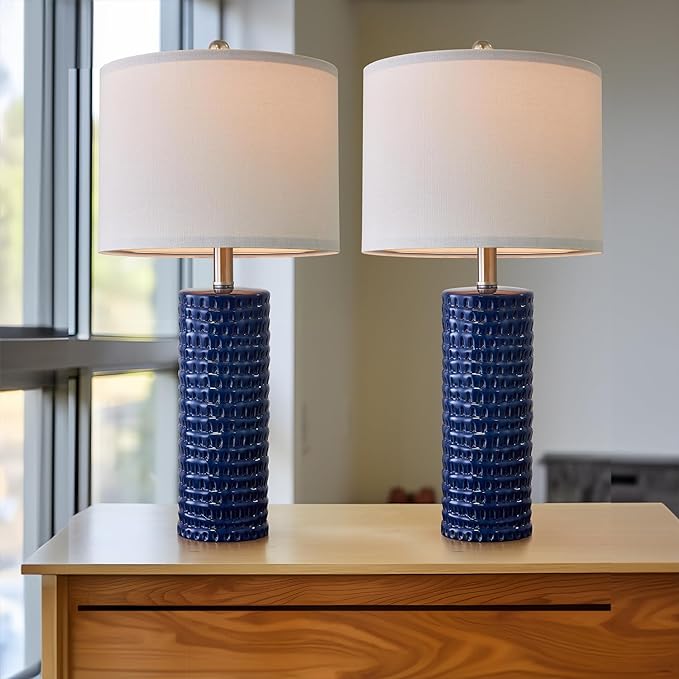 PORTRES 24.75" Modern Accent Ceramic Table Lamp Set of 2 for Bedroom Blue Desk Decor Bedside Lamps for Living Room Study Room Office Dorm Farmhouse Nightstand Lamp End Table Lamps - LeafyLoom