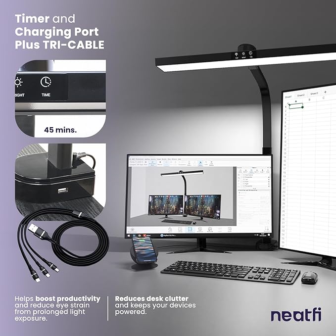 Neatfi LED Desk Lamp with 6-Level Brightness, Adjustable 2700~6500K Color Temperature, 14” Wide, Timer & Charging Port - Touch & Knob Control, 800 Lumens, Dimmable LED Table Light, 24W, CRI 85 (Black) - LeafyLoom