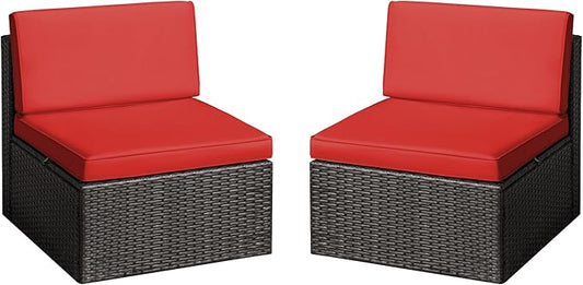 Greesum 2 Piece Patio Conversation Set Wicker Rattan Furniture Outdoor Sofa with Cushions,Pillows and Glass Table for Porch,Lawn and Yard, Red - LeafyLoom