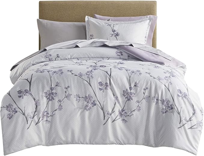 Comfort Spaces Bed in A Bag - Trendy Casual Design Cozy Comforter with Complete Sheet Set with Side Pocket, All Season Cover, Matching Shams Twin XL(66 in x 90 in), Kate, Grey/Purple 6 Piece - LeafyLoom