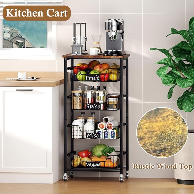 Fruit Basket, 5-Tier Utility Kitchen Organizer and Storage Cart with Pull-Out Baskets and Wood Top, Rolling Pantry Kitchen Cart on Wheels for Fruit Potato Onion Vegetable Snack Produce - LeafyLoom