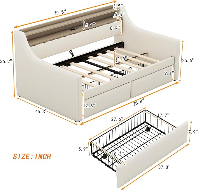 Twin Size Daybed with 2 Storage Drawers, Upholstered Daybed with Charging Station and LED Lights, Twin Size Day Bed Frame for Living Room, Bedroom, Beige - LeafyLoom