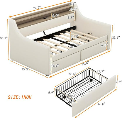 Twin Size Daybed with 2 Storage Drawers, Upholstered Daybed with Charging Station and LED Lights, Twin Size Day Bed Frame for Living Room, Bedroom, Beige - LeafyLoom