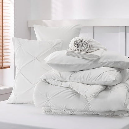 Bedsure California King Comforter Set - Cal King Bed Set 7 Pieces, Pinch Pleat White Cali King Bedding Set with Comforter, Sheets, Pillowcases & Shams - LeafyLoom