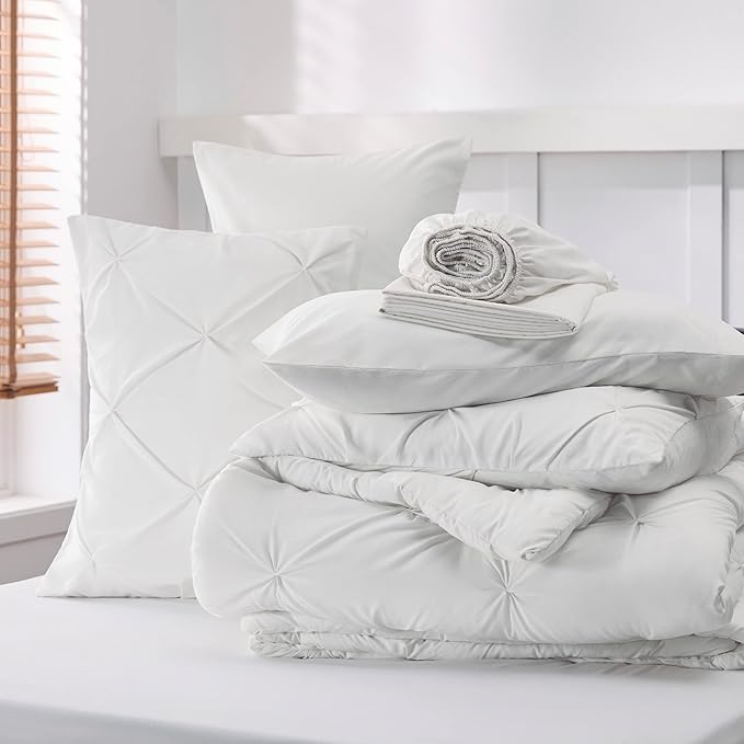 Bedsure Twin Comforter Set with Sheets - 5 Pieces Twin Bedding Sets, Pinch Pleat White Twin Bed in a Bag with Comforter, Sheets, Pillowcase & Sham - LeafyLoom