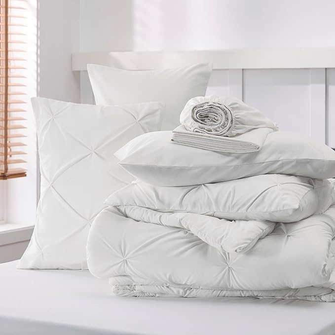 Bedsure Twin Comforter Set with Sheets - 5 Pieces Twin Bedding Sets, Pinch Pleat White Twin Bed in a Bag with Comforter, Sheets, Pillowcase & Sham - LeafyLoom