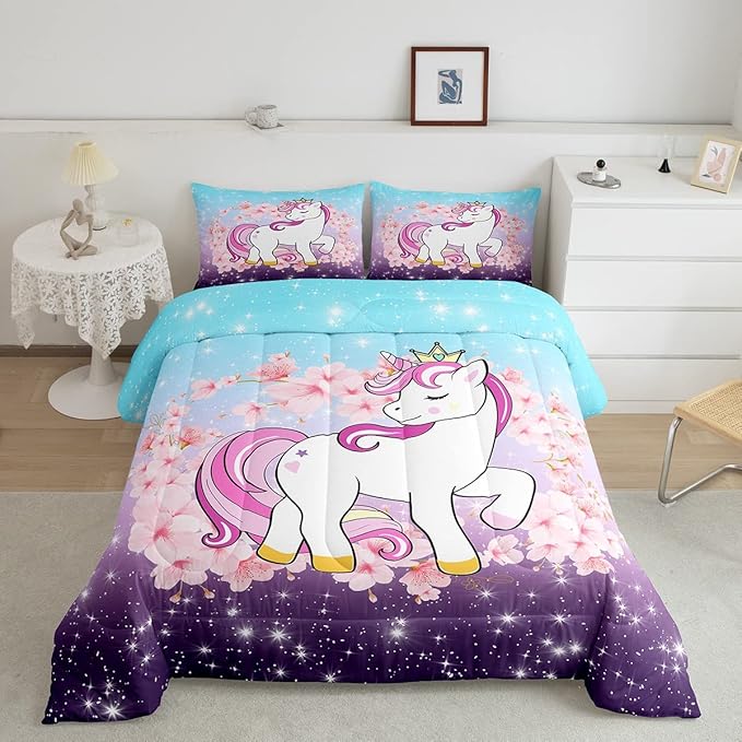 Unicorn Comforter Set Queen, Kids Unicorn Floral Bedding for Girls Boys Children Bedroom Decor, Cherry Blossoms Glitter Down Comforter Galaxy Kawaii Quilt Set with 2 Pillowcases, Blue Purple Ombre - LeafyLoom