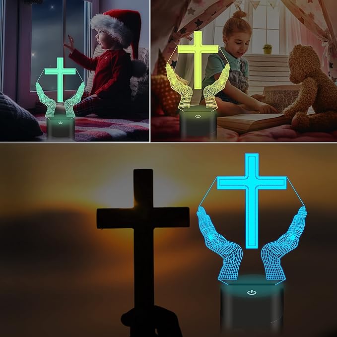 Jesus Cross 3D LED Night Light for Friends Xmas Easter Room Decor Gifts, Crucifix Optical Illusion Desk Table Lamp with Remote + 16 Color Flashing Change + Timer - LeafyLoom