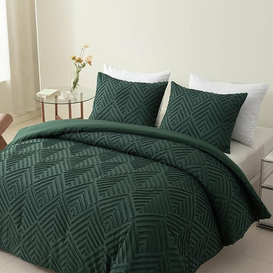 Queen Comforter Set Dark Green, Boho Forest Green Christmas Comforter Set 3 Pieces, All Season Tufted Queen Size Bed Comforter Set (90x90In Comforter & 2 Pillowcases) - LeafyLoom