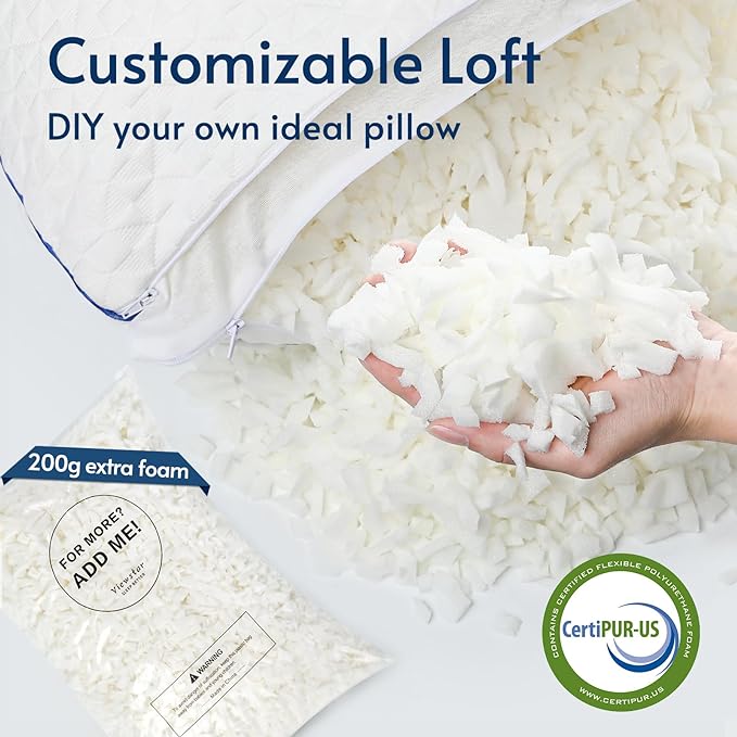 viewstar Memory Foam Pillow Queen Size 1 Pack, Shredded Bed Pillow for Sleeping, Adjustable Firm Pillow for Side Back Stomach Sleepers, Queen Pillow with Washable Removable Cover 20"x 30" - LeafyLoom