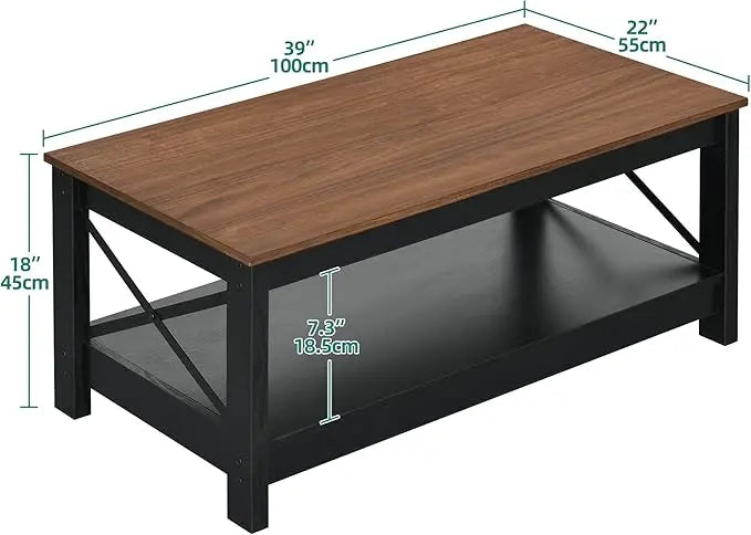 YITAHOME Coffee Table for Living Room,Modern Farmhouse Coffee Table with Storage,2-Tier Center Table for Living Room Wood Living Room Table Accent Cocktail with Sturdy Frame,Brown and Black - LeafyLoom