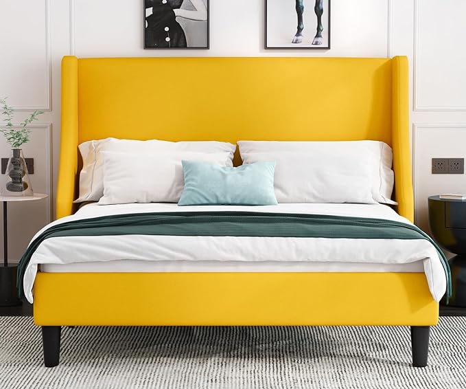 Allewie Full Size Bed Frame, Platform Bed Frame with Upholstered Headboard, Modern Deluxe Wingback, Wood Slat Support, Mattress Foundation, Light Yellow - LeafyLoom