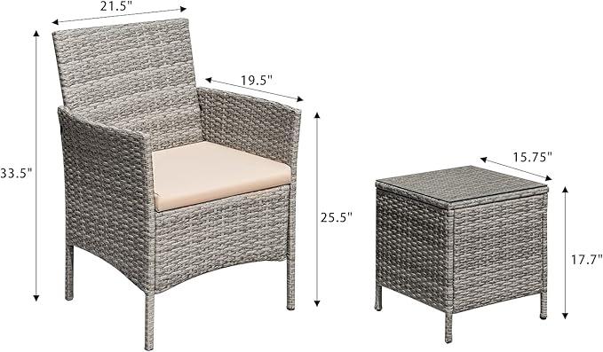 Greesum 3 Pieces Patio Furniture Sets Outdoor PE Rattan Wicker Chairs with Soft Cushion and Glass Coffee Table for Garden Backyard Porch Poolside, Gray and Beige - LeafyLoom