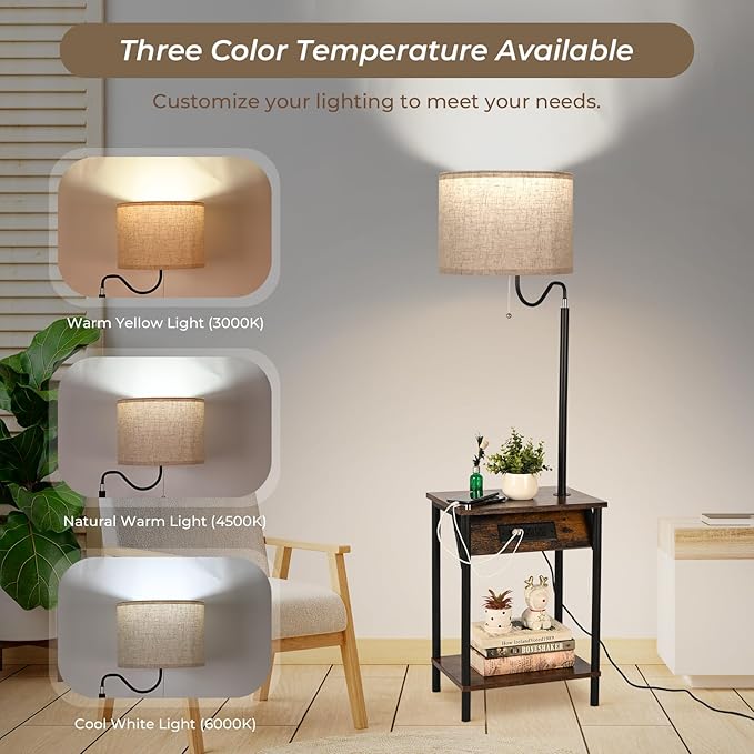 FIMEI Floor Lamp with Table, End Table with Charging Station USB Ports & Outlets, Bedside Table 3 Color Temperature Reading Light, Nightstand with Shelves for Living Room, Bedroom, Apartment - LeafyLoom