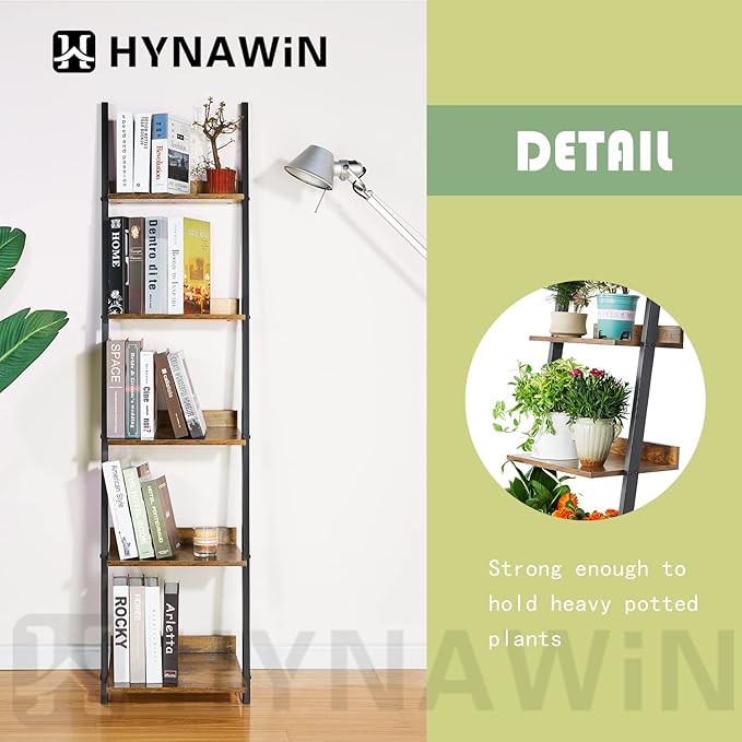 HYNAWIN 5 Tier Ladder Shelf-Wood & Metal Bookcase,Wall Mount Bookshelf Standing Unit,Multipurpose Plant Stand for Livingroom,Kitchen,Space Saving Display Rack,Industrial Accent Furniture - LeafyLoom