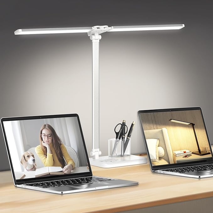 LED Desk Lamp Dimmable Table Lamp with USB Charging Port, 50 Lighting Modes, Adjustable Foldable Dual Swing Arm Architect Desk Lamp for Home Office, Eye-Caring Reading Lamp w/ Pen Holder 45min Timer - LeafyLoom