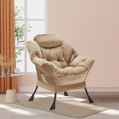 Lazy Chair Thick Padded, Accent Chair Velvet Upholstered with Wide Seat, Stable Metal Frame and Non-Slip Pad, Modern Sofa Armchair with Side Storage Bag for Dorm, Room, Office, Khaki - LeafyLoom