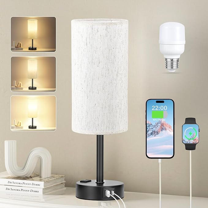 Light Beige Table Lamp for Nightstand - 3 Way Dimmable Bedside Lamp for Bedroom with USB C A Charging Ports and AC Outlet, Small Desk Lamp with Black Base for Living Room, Office, LED Bulb Included - LeafyLoom