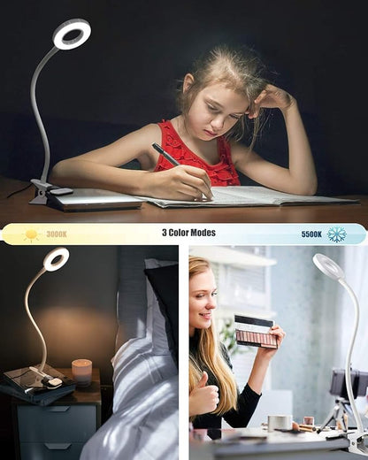 LED Reading Light, Dimmable Clamp Light for Bed Headboard, Bedroom, Office, 3 Modes & 9 Dimming Levels, Flexible Clip Desk Lamp, Adapter Included (Mattewhite) - LeafyLoom