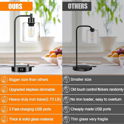 Industrial Table Lamp with 2 USB Charging Ports, Fully Stepless Dimmable Modern Nightstand Lamp, Glass Shade Bedside Desk Lamp for Bedroom Living Room Office, 6W 2700K LED Edison Bulb Included - LeafyLoom