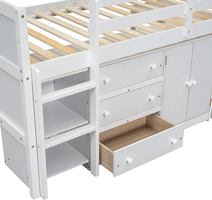 Twin Size Low Loft Bed with Pull-Out Desk, Drawers, Cabinet, and Shelves, for Kids Boys Girls Bedroom, White - LeafyLoom