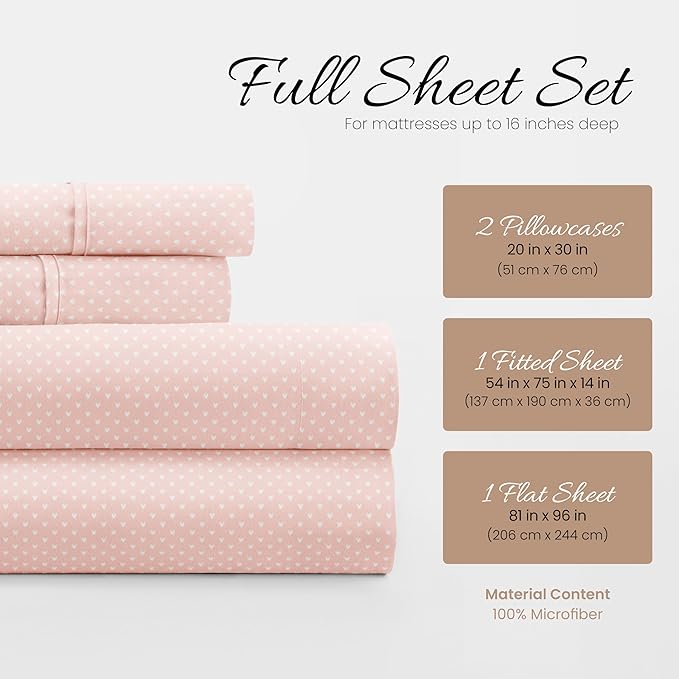 Linen Market 4 Piece Full Bedding Sheet Set (Pink Hearts) - Sleep Better Than Ever with These Ultra-Soft & Cooling Bed Sheets for Your Full Size Bed - Deep Pocket Fits 16" Mattress - LeafyLoom