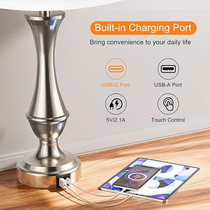 Touch Lamps for Bedrooms Set of 2 - Nightstand Table Lamp with USB C+A, 3 Way Dimmable Bedside Lamps for Living Room End Tables Set of 2, Farmhouse Night Stand Lamps(White&Nickel) - LeafyLoom