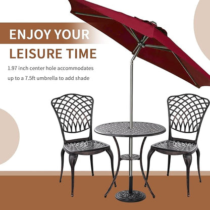 Bronze Patio Bistro Set - 3 Piece Outdoor Cast Aluminum Furniture, Large Table & Chairs, Weather Resistant, Adjustable Foot Pads, Umbrella Hole - LeafyLoom