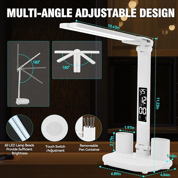 LED Desk Lamp Light with 2 Pen Holders, Time, Date, Temperature Display, Dimmable, 3 Color Modes, Touch Control, Foldable,Eye-Caring Table Lamp for Office Home Reading Study - LeafyLoom