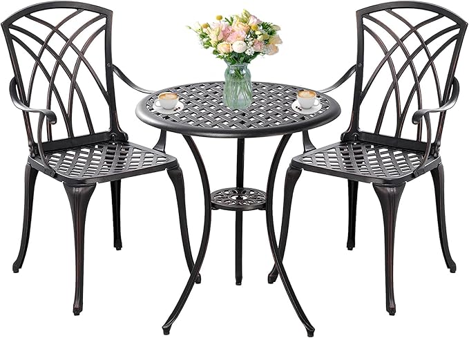 3 Piece Bistro Patio Set Cast Alumiunm Patio Furniture Set,All Weather Bistro Table and Chairs Set of 2 with 1.97" Umbrella Hole,Outdoor Patio Bistro Sets for Garden（Antique Bronze） - LeafyLoom