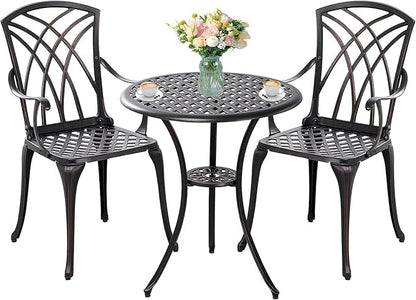 3 Piece Bistro Patio Set Cast Alumiunm Patio Furniture Set,All Weather Bistro Table and Chairs Set of 2 with 1.97" Umbrella Hole,Outdoor Patio Bistro Sets for Garden（Antique Bronze） - LeafyLoom