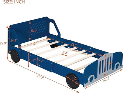 Twin Size Car-Shaped Bed Frame for Kids,Wooden Platform Bed with Wheels and Side Rails for for Boys Girls,Wood Slat Supports,No Box Spring Needed,Blue - LeafyLoom