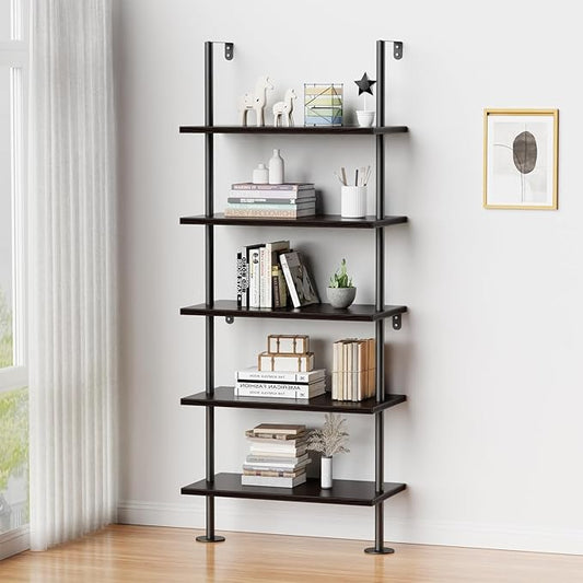 Ladder Shelf Bookcase 5 Tier, Extra Sturdy Modern Bookshelf Wall Mounted, Tall Black Open Book Shelf, Standing Industrial Metal Frame with Wooden Shelves - LeafyLoom