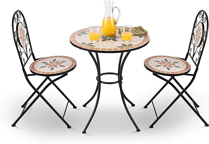 Alpine Corporation Indoor/Outdoor 3-Piece Mosaic Bistro Set Folding Table and Chairs Patio Seating, Tan - LeafyLoom