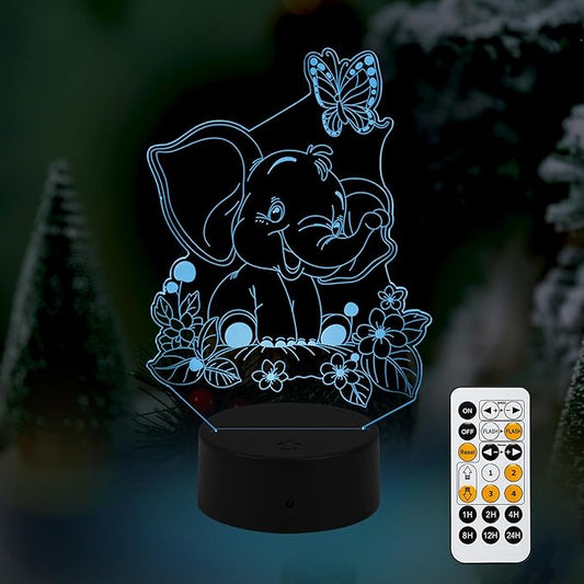 Elephant Play with Butterfly Illusion Room Decor Elephant Night Light Cute Elephant Desk Lamp with 7 Colors and Timing, Smart Touch & Remote Control Decorations Gifts for Girls, Kids, Boys - LeafyLoom