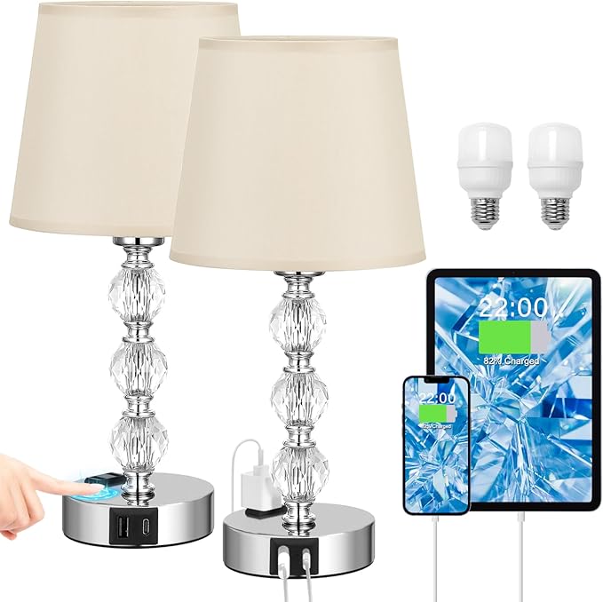 Acaxin Bedside Lamps for Bedrooms Set of 2 Nightstand- Crystal Table Lamps with USB C+A Ports & AC Outlet for Charging, 3 Way Dimmable Touch Silver Small Bed Side Lamp for Living Room/Guest Room - LeafyLoom