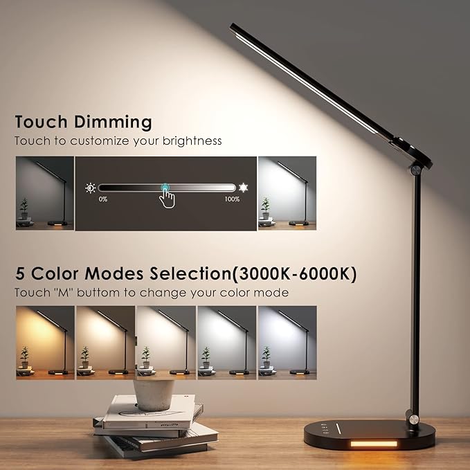 Double Head LED Desk Lamp with USB Charging - 5 Color Modes, Memory Function - Ideal for Home Office Desk Lamp, Multi-Angle Adjustable and Foldable Design Table Lamp- Black - LeafyLoom