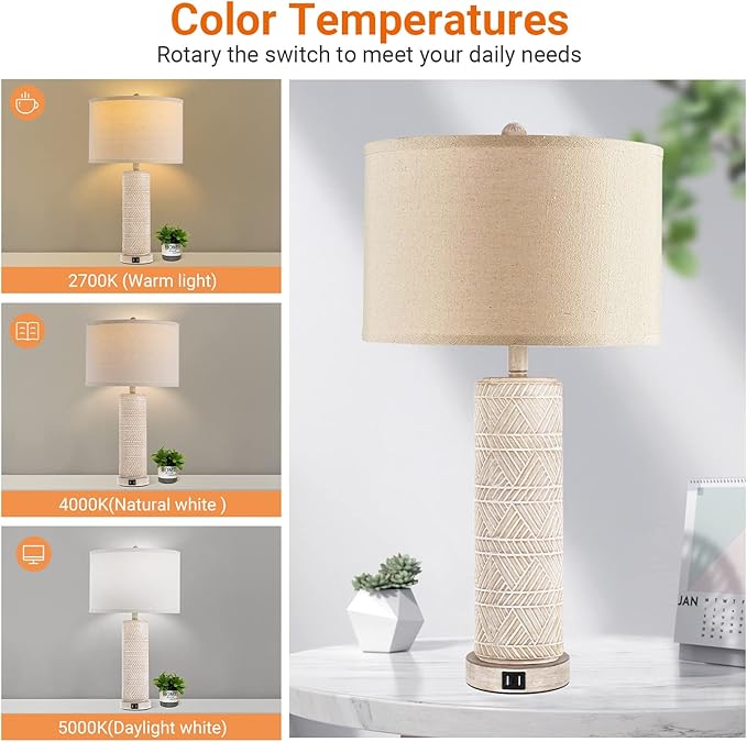 Set of 2 Contemporary Table Lamp, Ceramic Bedside Lamps with 3 Color Temperature, 27.5'' Nightstand Lamp Sets with USB Ports Linen Fabric Shade End Table Lamps for Living Room Bedroom, Bulb Included - LeafyLoom