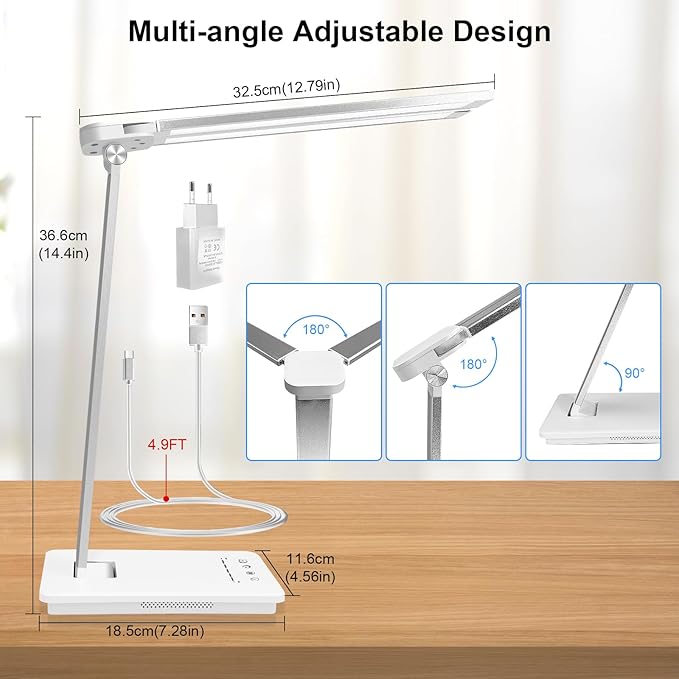 Desk Lamp Dimmable Table Lamp Foldable Reading Lamp Double Swing Arm Desk Light with USB Charging Port,5 Light Modes, Touch Control, Auto-Off Timer, Eye-Caring Led Desk Lamp (Silver) - LeafyLoom