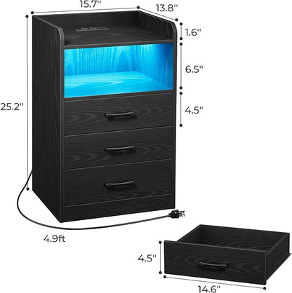 SUPERJARE File Cabinet with Charging Station and LED Light Strips, Drawers, End Table with USB Ports and Outlets, Black - LeafyLoom