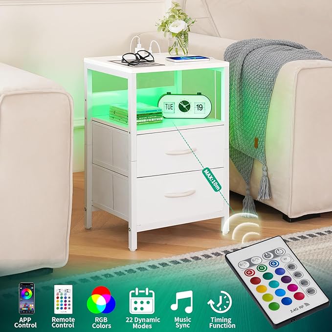 Yoobure Nightstand with Charging Station, LED Night Stand with Fabric Drawers and Storage Shelf for Bedroom, Nightstands Bedside Tables with USB Ports & Outlets, Small Night Stands, Bed Side Table - LeafyLoom