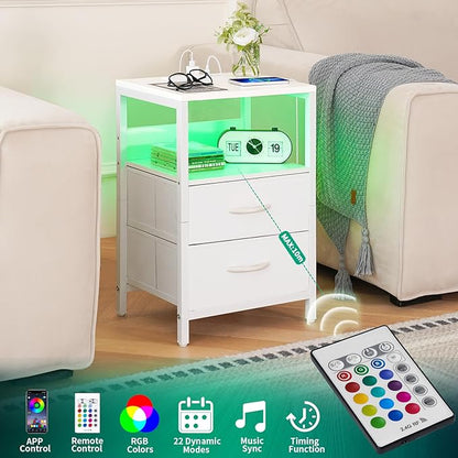 Yoobure Nightstand with Charging Station, LED Night Stand with Fabric Drawers and Storage Shelf for Bedroom, Nightstands Bedside Tables with USB Ports & Outlets, Small Night Stands, Bed Side Table - LeafyLoom