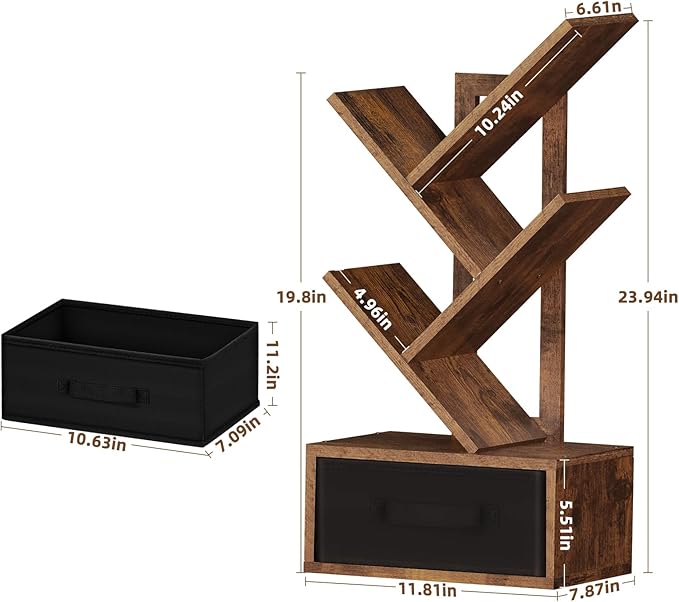 Small Bookshelf with Drawer,4 Tier Tree Book Shelf,Wood Desk Bookshelves,Modern Free Standing Desktop Display Shelves,Brown Floor Standing Organizer Bookcase for Living Room,Bedroom,Office - LeafyLoom