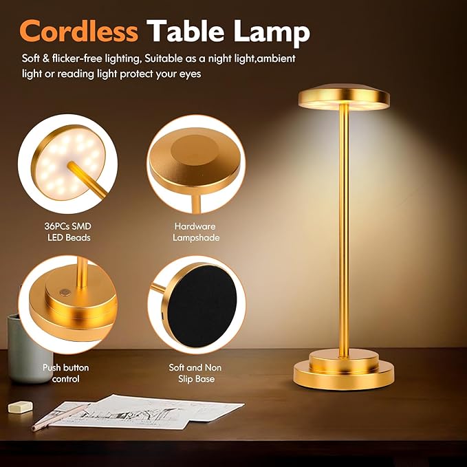 Cordless Table Lamp, Rechargeable Lamps, 5000mAh Battery Operated, LED Portable Table Lamp, 3 Color Dimmable, Aluminum, for Nightstand/Bar/Dining/Patio/Bedroom/Outdoor - LeafyLoom