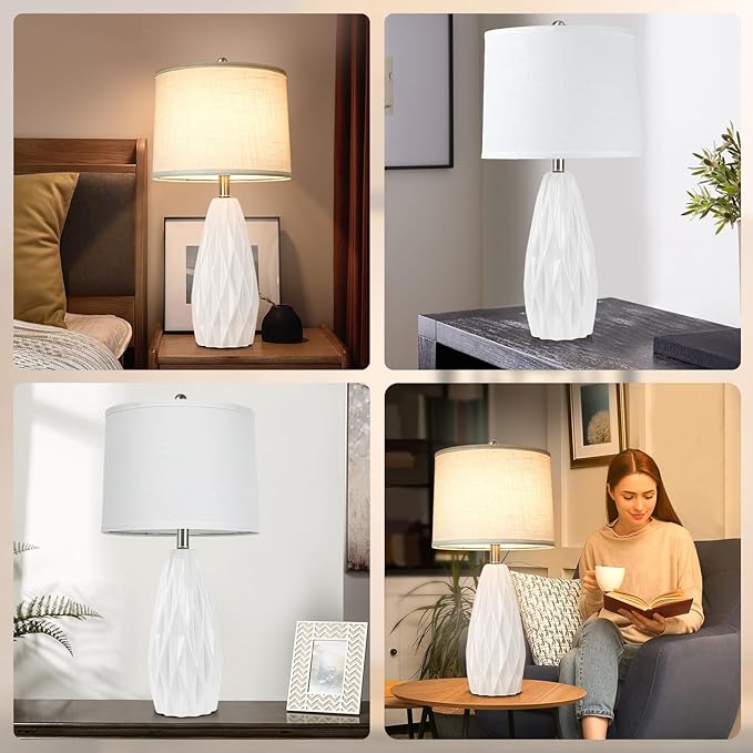 Table Lamp 25", Bedside Lamps for Bedroom Ceramic Desk Lamp White Lamp for Living Room End Table Lamps | 3-Way Dimmable Tall Nightstand Lamps Modern Geometric Lamp for Farmhouse Office(Bulb Included) - LeafyLoom