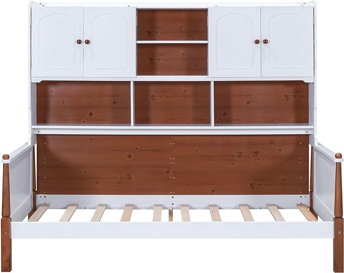 Twin Size Platform Bed with Multiple Storage, No Box Spring Required,Easy to Assemble,Wood Bed Frame for Bedroom/Apartment/Guest-Room,White+Walnut - LeafyLoom