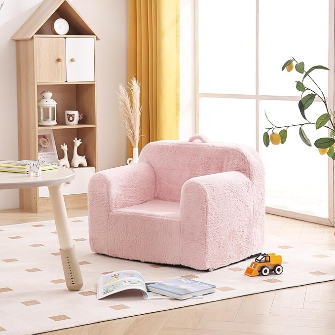 Tiita Toddler Chair Couch, Comfy Fold Out Kids Sofa, Lightweight Children Couch with Carrying Handle & Side Pockets, Kids Foam Armrest Read Sofa for Girl or Boy, Pink - LeafyLoom