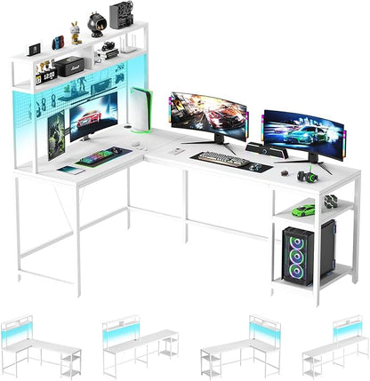 L Shaped Desk with Hutch & Pegboard - Reversible 67" L Shaped Gaming Desk with LED Lights, Corner Computer Desk with Storage Shelves, White - LeafyLoom